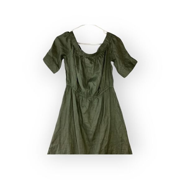 Frame Off-the-Shoulder Linen Shirt Dress – Army Green, Button-Front, Size S - Picture 1 of 14